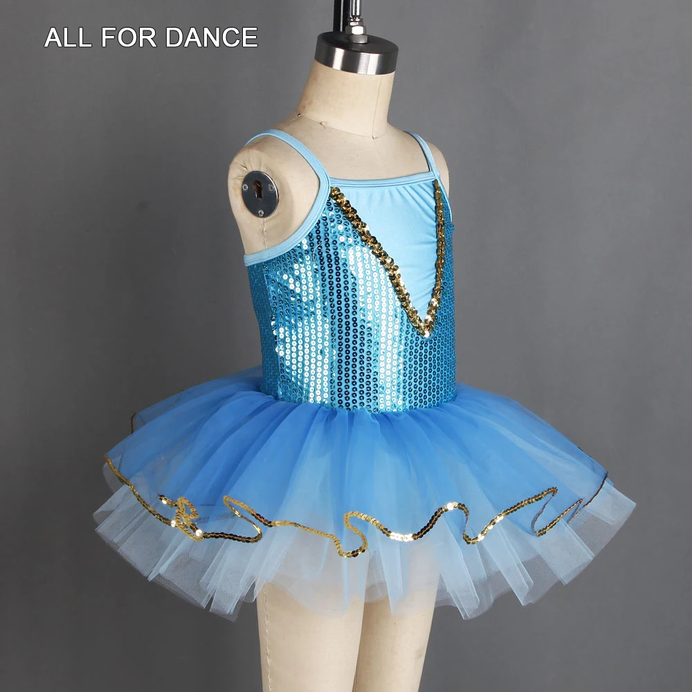 20183 New Lake Blue Sequin Bodice With Gold Sequin Trim Kids Ballet Dance Tutus For Girls' Stage Performance Dance Costume