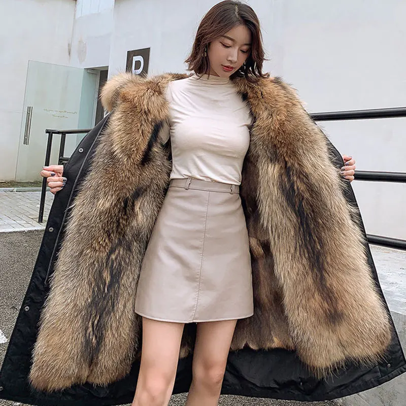 2024 Faux Fox Fur Coat Women Winter Long Parka Fur Collar Hood Thick Warm Jacket Oversize 5XL Parka Lady Fox Fur Liner Outerwear