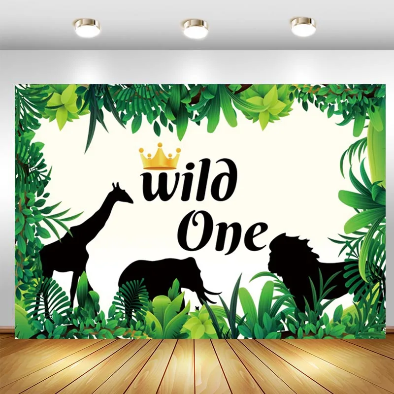 

Wild One Photography Backdrop Animal Safari Jungle Crown Baby Shower Happy Birthday Party Custom Photo Background Decor Banner