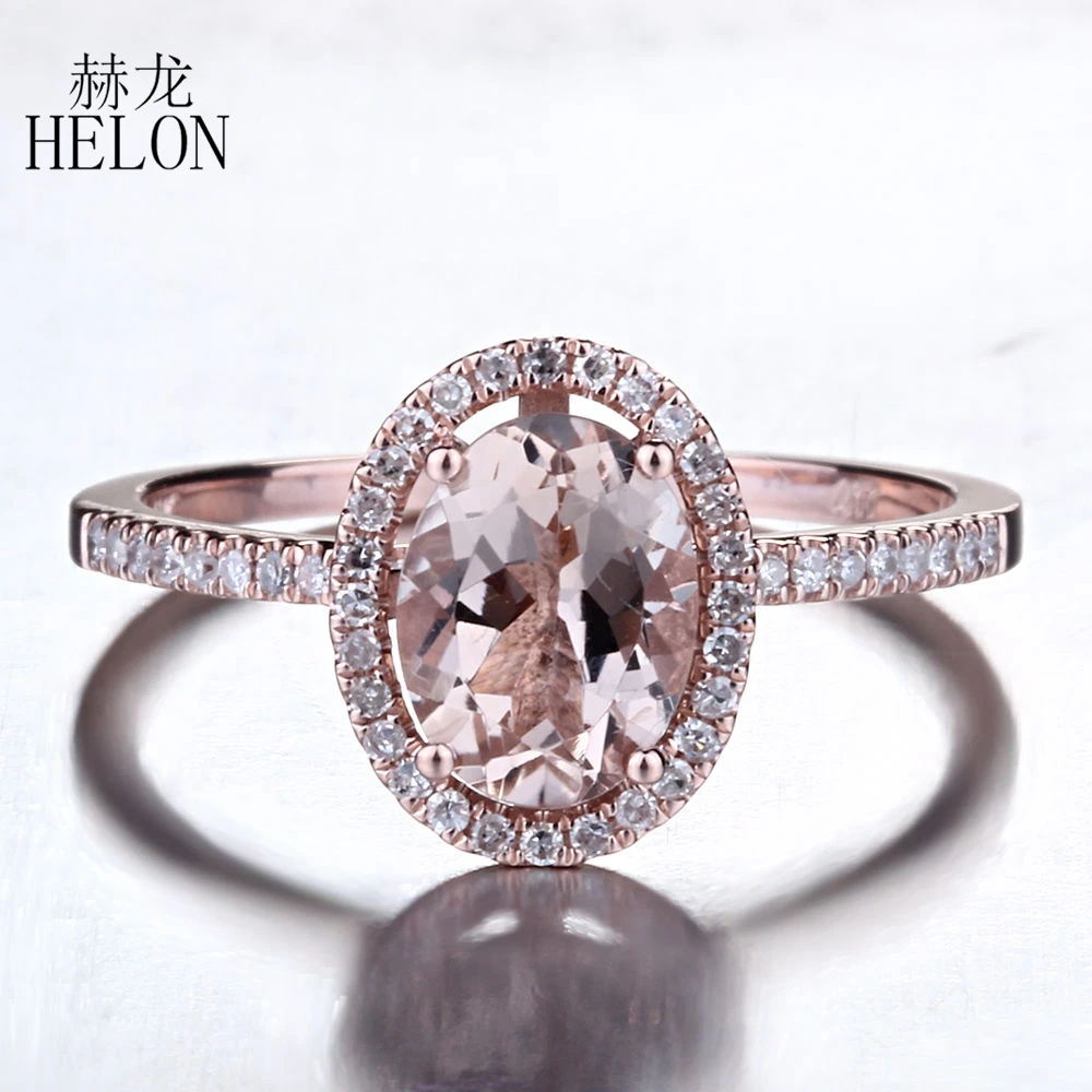 

HELON Solid 18k Rose Gold AU750 Oval 6x8mm Natural Morganite Diamond Engagement Wedding Ring For Women Fine Jewelry Diamond Ring