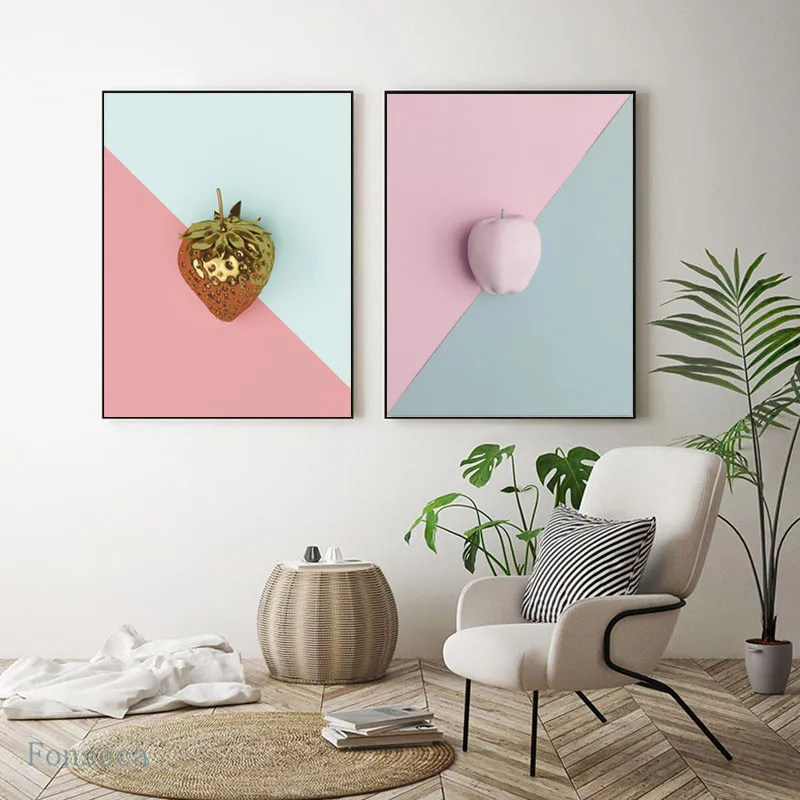 Künstlerische rosa Apfel Erdbeere Leinwand Malerei nordische Poster abstrakte Wandbilder für Wohnzimmer Galerie Home Decor