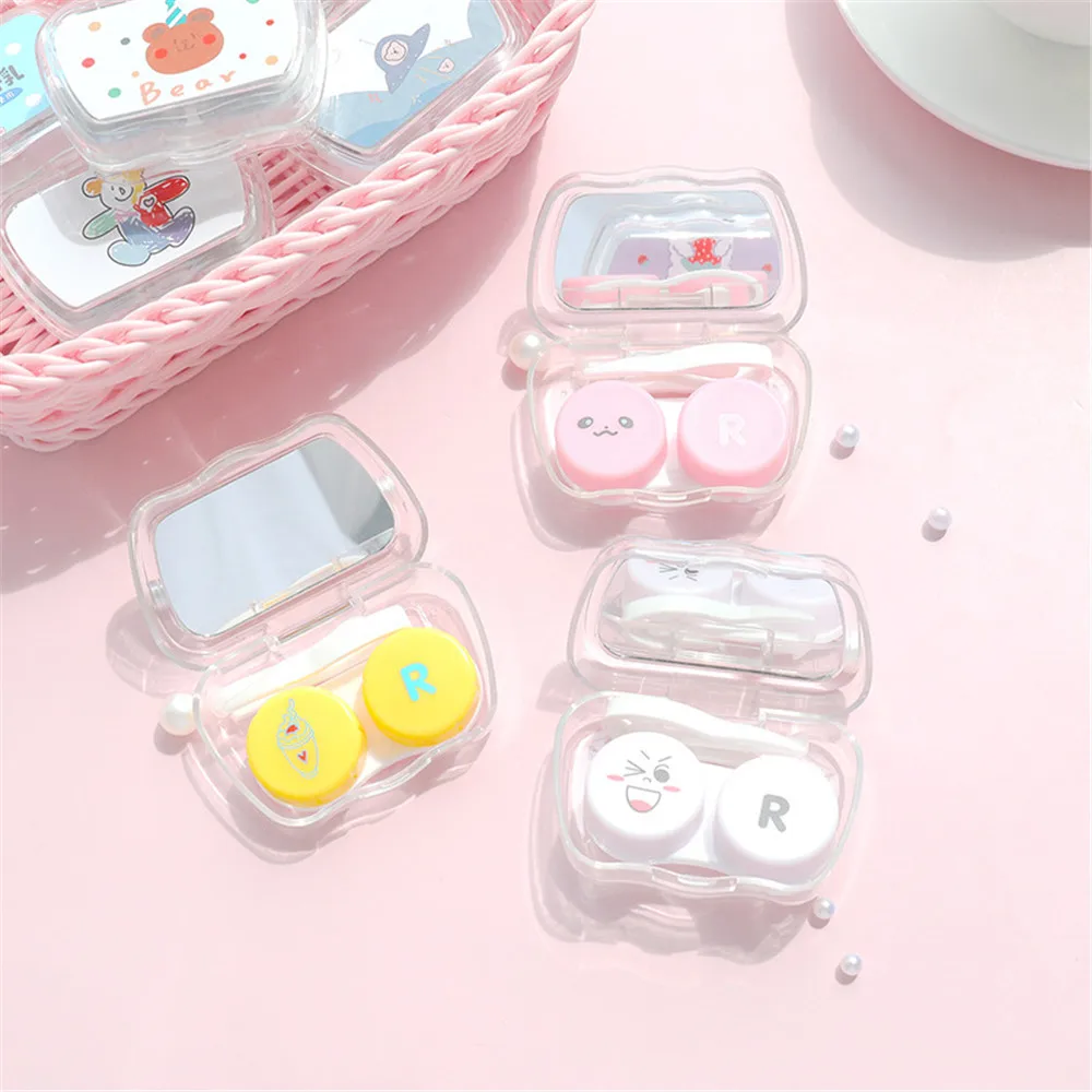 Cartoon Contact Lens Cases with Mirror Cute Contact Lens Box Square Women Girls Travel Contact Lenses Kit Container Case