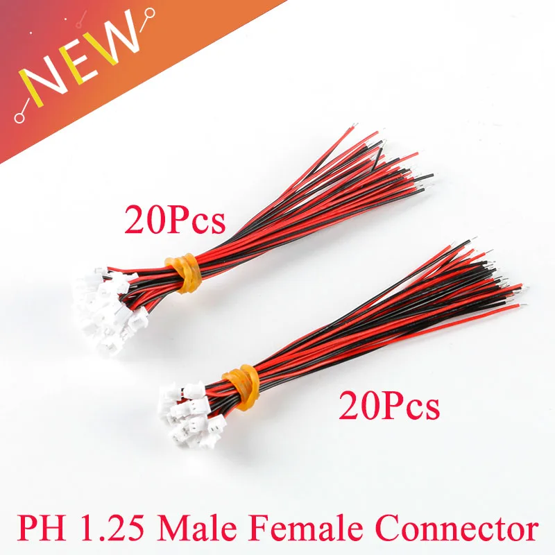 20Pair Micro JST PH 1.25 2 PIN męski żeńskie złącze wtykowe z kable wiązkowe 100mm 28AWG