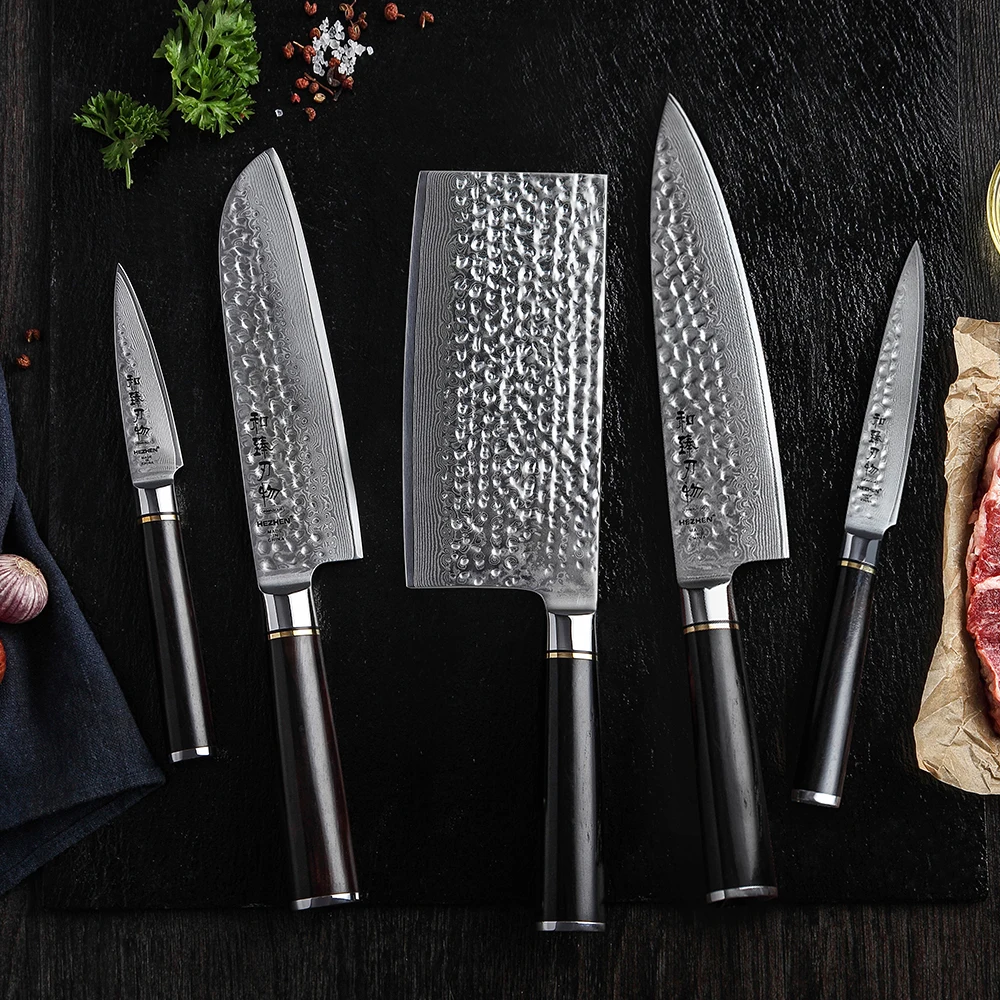 HEZHEN 5 PCS Kitchen Chef Knife Sets Damascus Steel Utility Santoku paring  Magnetic Knife Holder with Powerful Magnet