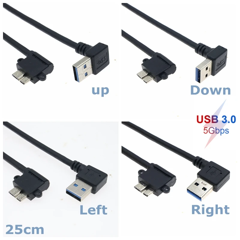 25cm Right Angle 90 Degree USB 3.0 to Micro B Right-Angled Cable for Toshiba External Hard Drive Samsung Mobile Phone Data Cable