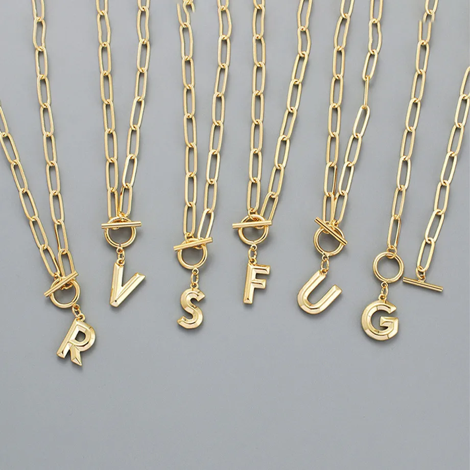 CSJA Toggle Clasp Letter Necklaces Stainless Steel Gold Color A-Z Alphabet Pendant Necklace Thick Chain Link for Women S870