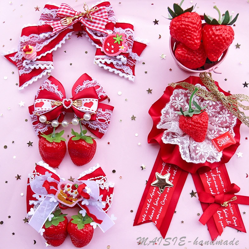 

Original Strawberry Barrettes Lolita Soft Girl Cute Brooch KC Lace Bow Hairwear Side Clip Lolita Sweet Hair Accessories Women