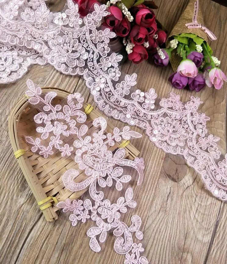 1 Meter Venise Cording Fabric Sequins Pink Flower Venice Mesh Lace Trim Applique Sewing Craft for Wedding Dec