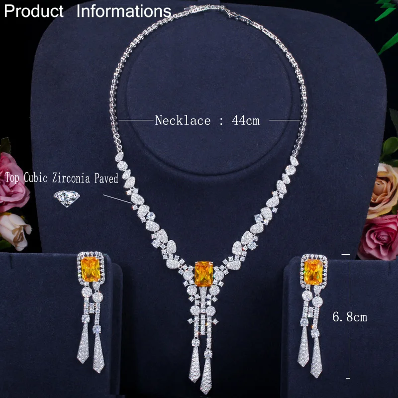 CWWZircons Luxury Yellow CZ Stone Dangle Drop Long Tassel Wedding Earrings Necklace Big Dubai Bridal Dress Jewelry Sets T375