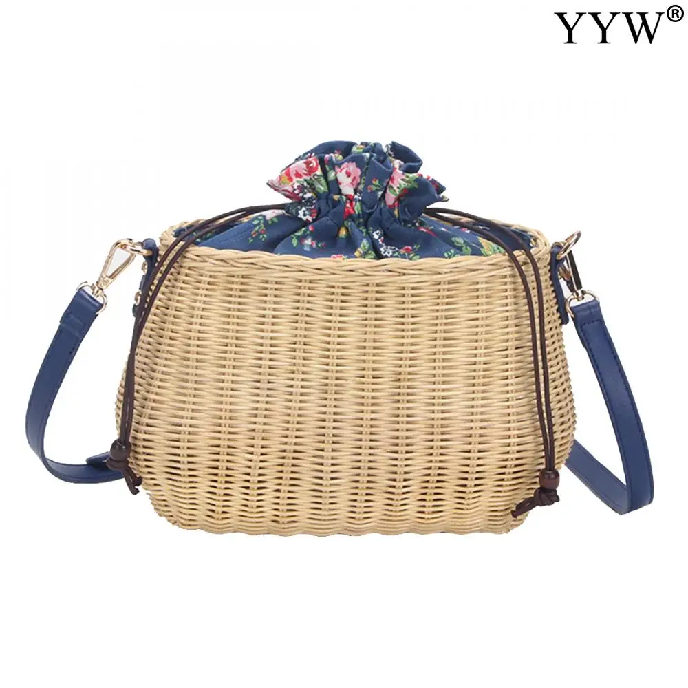 Straw Bag Women Woven Shoulder Bag Flower String Bow Rattan Bag Big Capacity Drawstring Casual Beach Shoulder Crossbody Bag