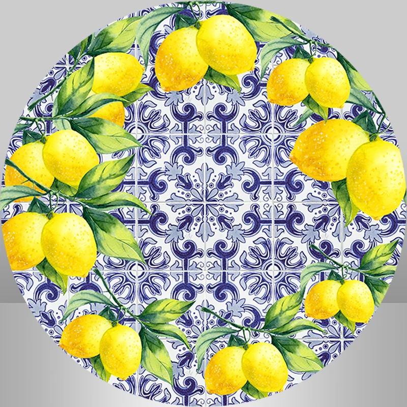 Spanish Porcelain Pattern Lemon Circle Round Background Banner Birthday Party Backdrops Baby Shower Cylinder Covers