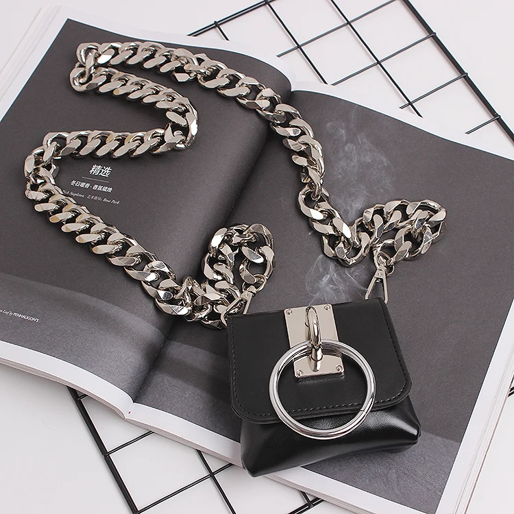 2020 Brand Design Wide Chain Mini Fanny Packs Black Pu Leather Waist belt With Coin Bag Punk Street Ring Waist Packs Chest Bag