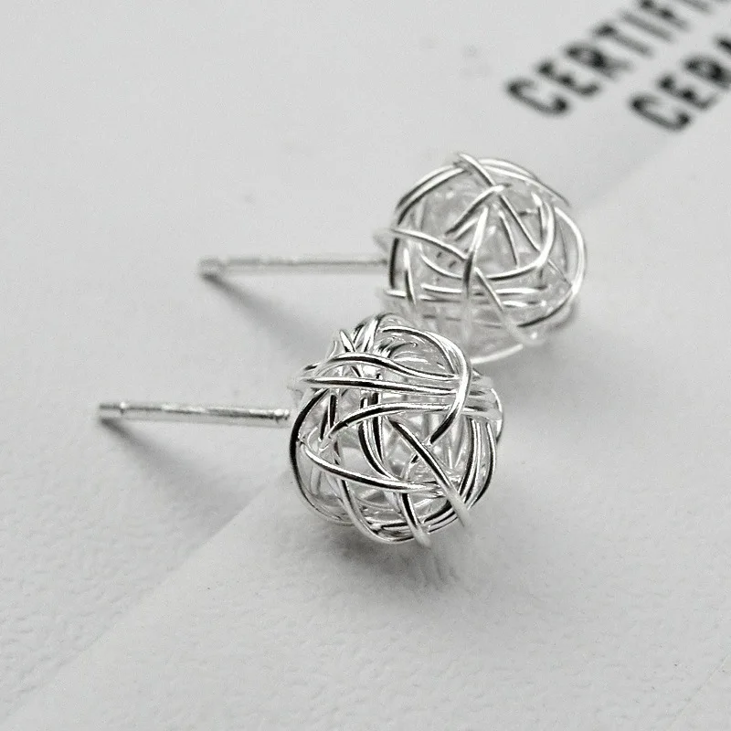 Fashion Personality Silver Hollow Winding Skein Small Earrings Handmade Line Ball Brilliant Creative Students Small Jewelry Gift