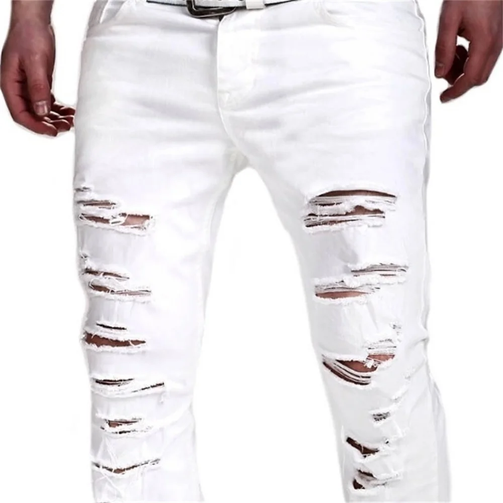 EH · MD® White Hole Scratch Jeans Men's Cotton High Street Urban Stretch Black Pants Slim Breathable Thin Foot Comfortable 2020