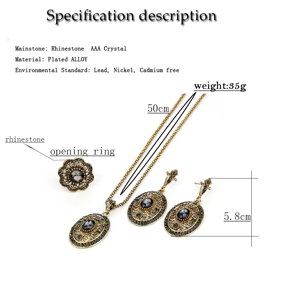 Sunspicems Vintage Bohemia Style Women Earring Necklace Ring Sets Antique Gold Color Turkish Indian Gray Crystal Jewelry Sets