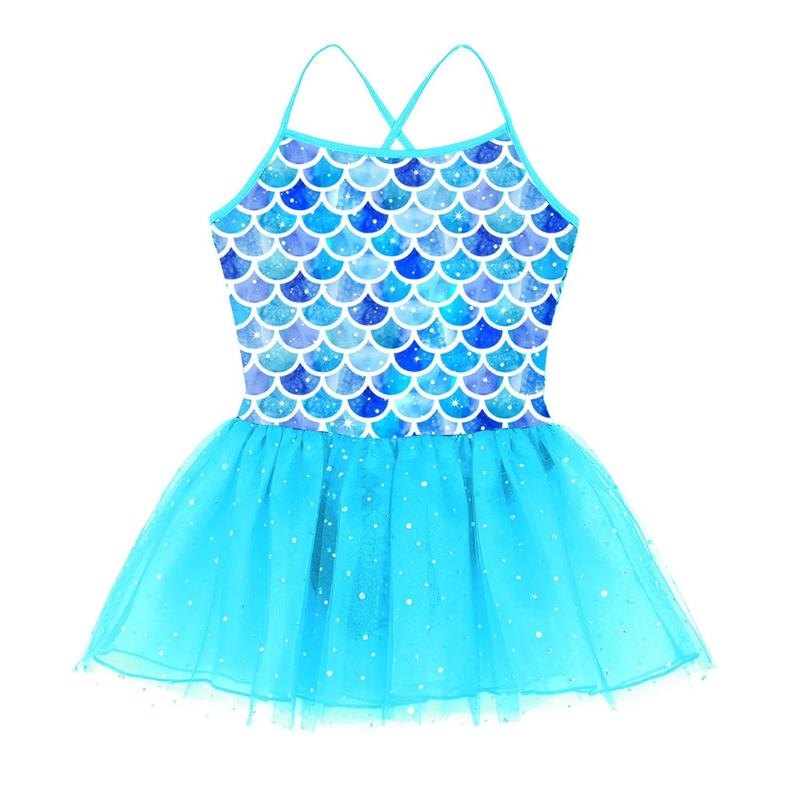 Tiaobug fantasia de sereia infantil, para meninas, brilho, alças espaguete, estampa escala, balé, dança, ginástica, vestido tutu