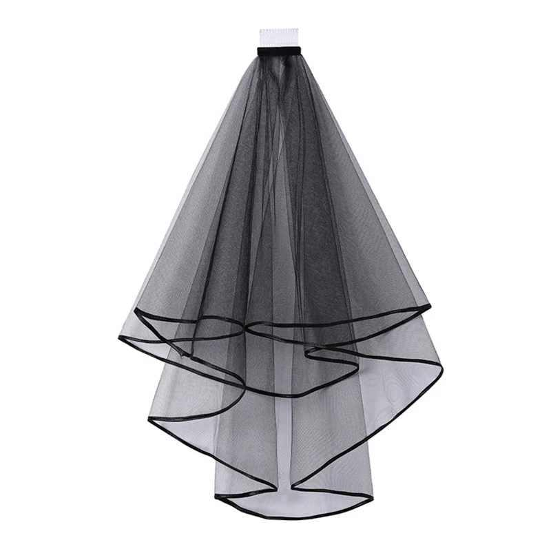 Double Layer Mesh Tulle Solid Color Women Short Wedding Veil with Comb Ribbon Edge Center Cascade Bride Party Headpiece image 3