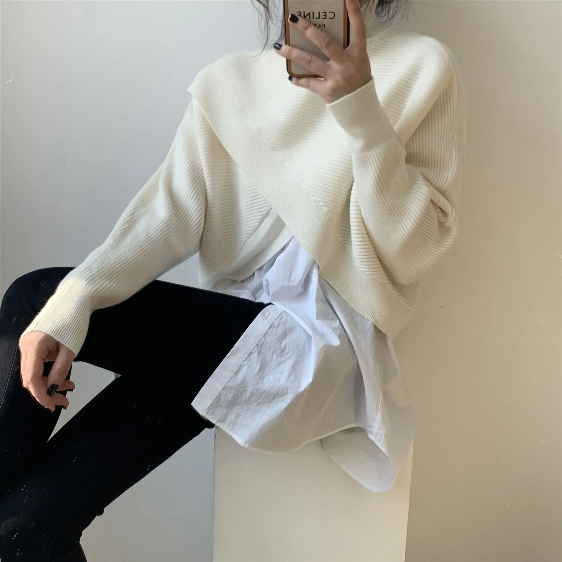 Women Korean Style Cross-front Turtleneck Sweater 2024 Spring Fall Streetwear Knitted Pullover Sweaters Long Sleeve Crop Top