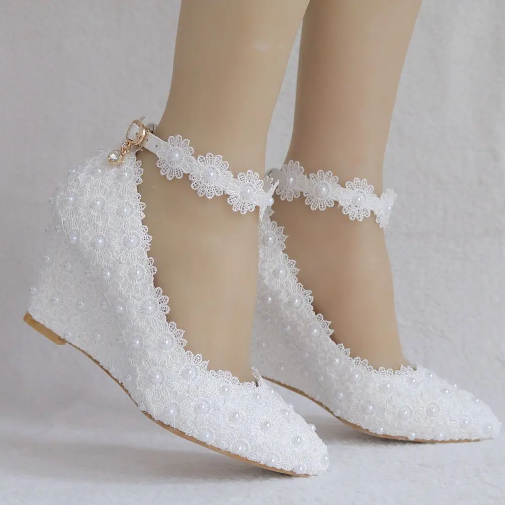 Fashion pink white wedges wedding pumps sweet white flower lace pearl platform pump shoes bride dress high heels Women\'s sandals