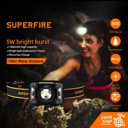 SUPERFIRE-linterna frontal LED HL18, Sensor de movimiento con Zoom, linterna recargable por USB, luz ultrabrillante para pesca, Camping y bicicleta