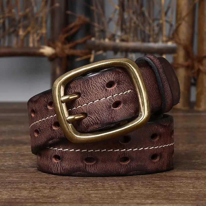 Vintage Men\'s 3.8cm Wide Double Breasted Belt 100% Cowhide Double Prong Buckle Handmade Heavy Duty Belt Fashion Jeans Belt Brown