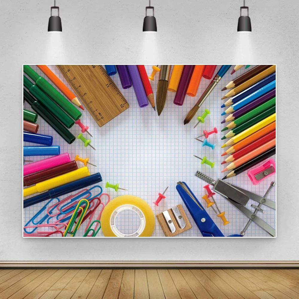 Laeacco Photo Backdrop Colorful Pencil Compass Stationery Teaching Aids Back To School Photography Background For Photo Studio