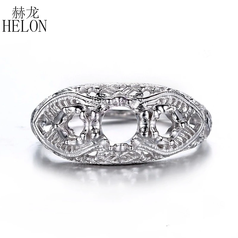 

HELON Sterling Silver 925 Art Nouveau Antique Jewelry Ring Three Stone 5mm Round & 3mm Round Semi Mount Ring For Women Jewelry