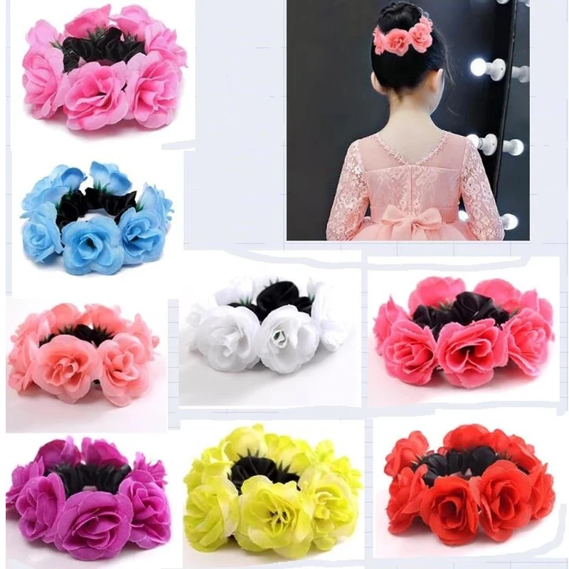 Fashion Cloth Rose Flower Elastics Hair Holders  Tie Gum Fabric Wreaths Crowns  Elastic Wreath Crown Wedding Garland Headband