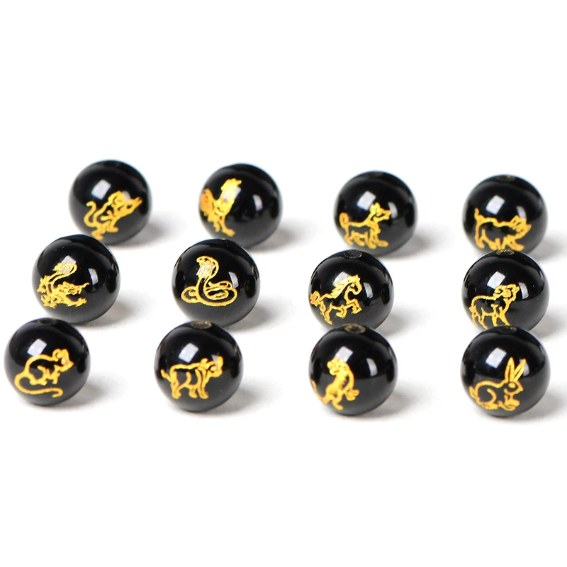 4A Natural Black Agate 12 Animals Zodiac Chinese Quartz Crystal Single Bead DIY Jewelry Making