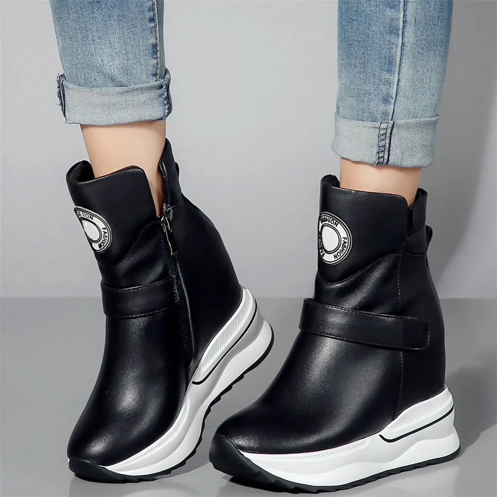 Black White Pumps Shoes Women Cow Leather Wedges High Heel Ankle Boots Female High Top Round Toe Fashion Sneakers Casual Shoes