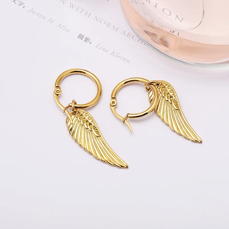 Gold Color Stainless Steel Angel Wings Dangle Earrings for Men Boy Fashion Feathers Punk Cool Male Jewelry