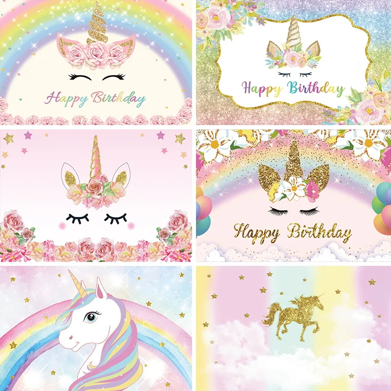 

Laeacco Unicorn Photography Backdrops Rainbow Happy Birthday Baby Portrait Personalized Photographic Background For Photo Studio