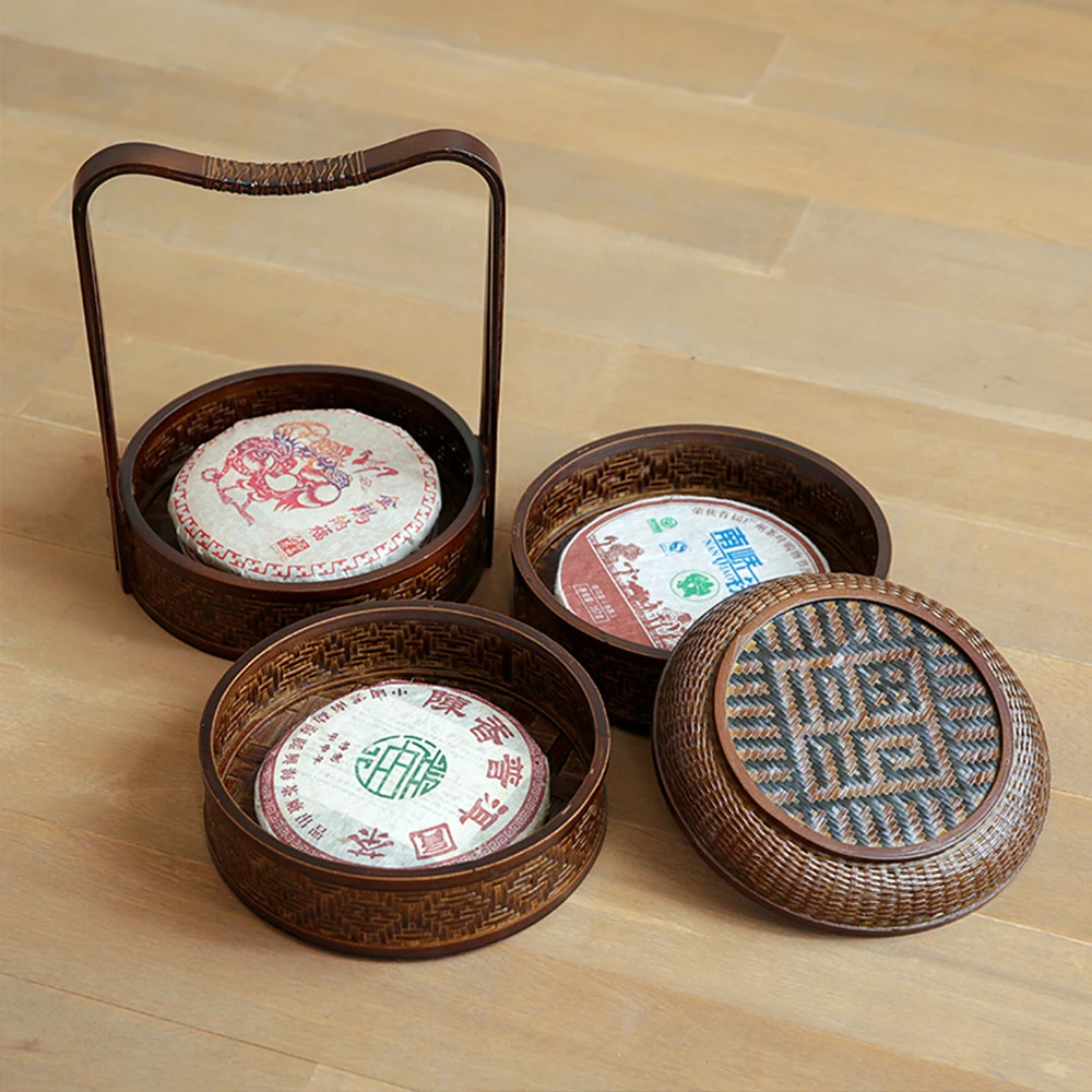 3 levels portable retro bamboo weave handheld basket for food cake dessert handmade tea set storage tray for home hotel teahouse