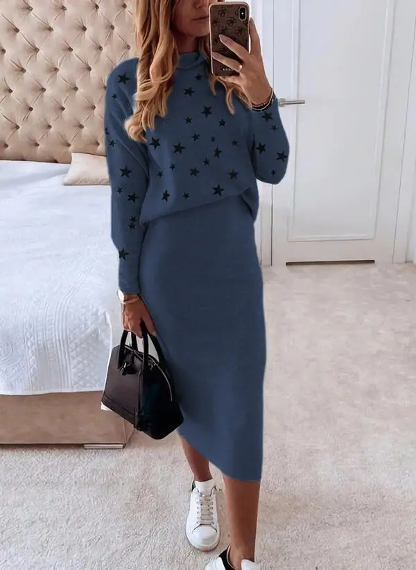 Women Elegant Leopard Print Two Piece Set Autumn Casual O-Neck Sweatshirt Pullover and Bodycon Skirt Outfits Lady Fashion Suits