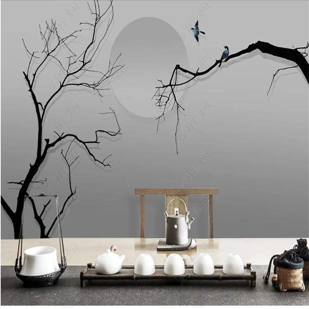 New Chinese style hand-painted abstract tree TV background wall decoration painting grey wallpapers