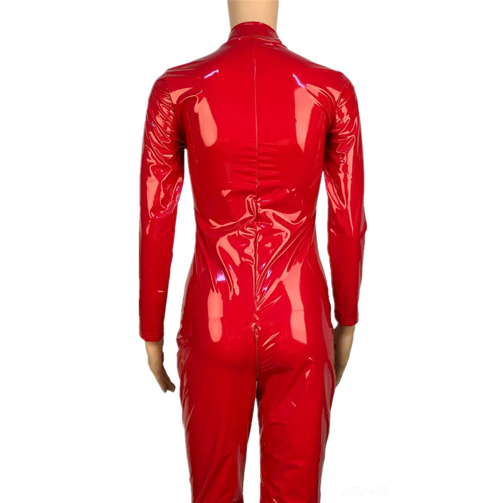 Women PU Faux Leather Jumpsuit Erotic Sexy Shiny Zipper Long Sleeve Wet Look Slim PVC Latex Bodysuit Clubwear Catsuits Costume