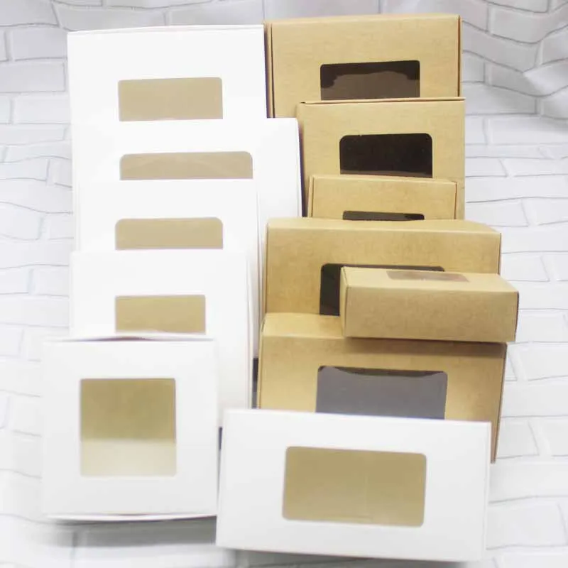 Window box 10pcs DIY kraft box with window paper Gift box cake Packaging For Wedding home party muffin packaging christmas gifts