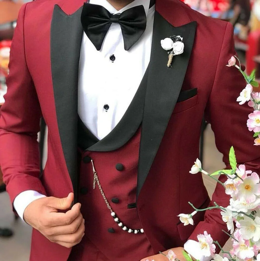 

3pcs Burgundy Jacket Pants Vest Men's Suits for Wedding Peak Lapel Custom Made Suits Set Tailored Tuxedo Party Wear Male Suits