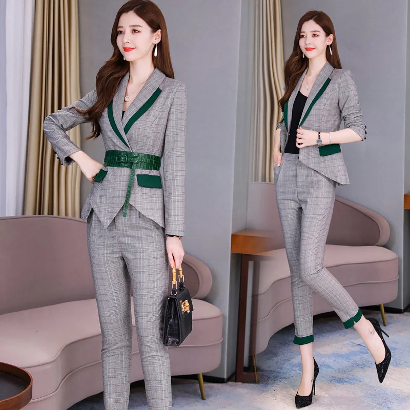 Women\'s Casual Plaid Blazer and Pencil Pants Suit, Elegant Ladies Jackets, Business Suits, Spring Outfit, 2 Pcs Set