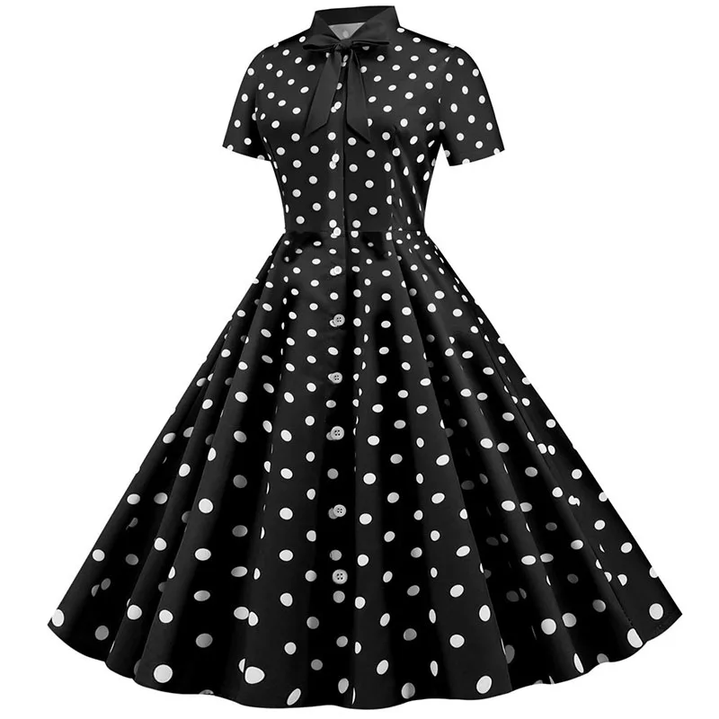 Black Polka Dot Print Summer Dress for Women Short Sleeve Striped Bow Elegant Vintage 50s Pin up Party Vestidos