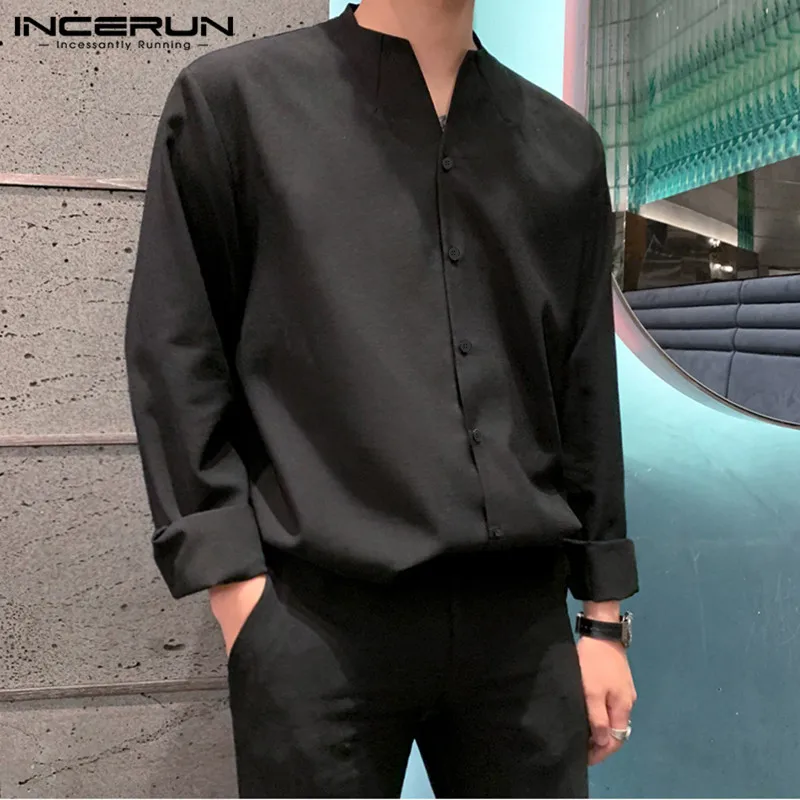 2023 Fashion Men Brand Shirt Solid Long Sleeve Button V Neck Chic Streetwear Casual Blouse Korean Style Shirts Camisas INCERUN