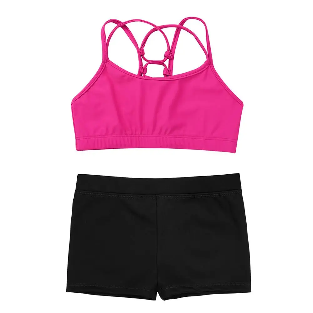 Children Sports Sets Girls Summer Clothes Spaghetti Shoulder Straps Tank Tops +  Low Rise Shorts Exercise Gym Workout Kids Set