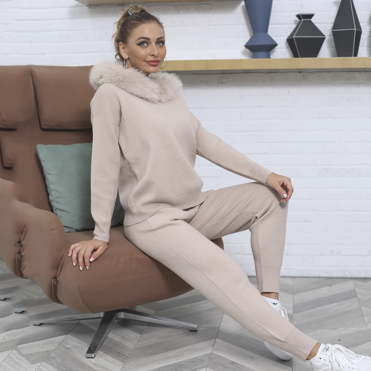 MISSJANEFUR 2021 zima dwuczęściowy zestaw kobiety dorywczo Loungewear dzianiny jednolite, luźne prawdziwe futro na ramię dres kobiet