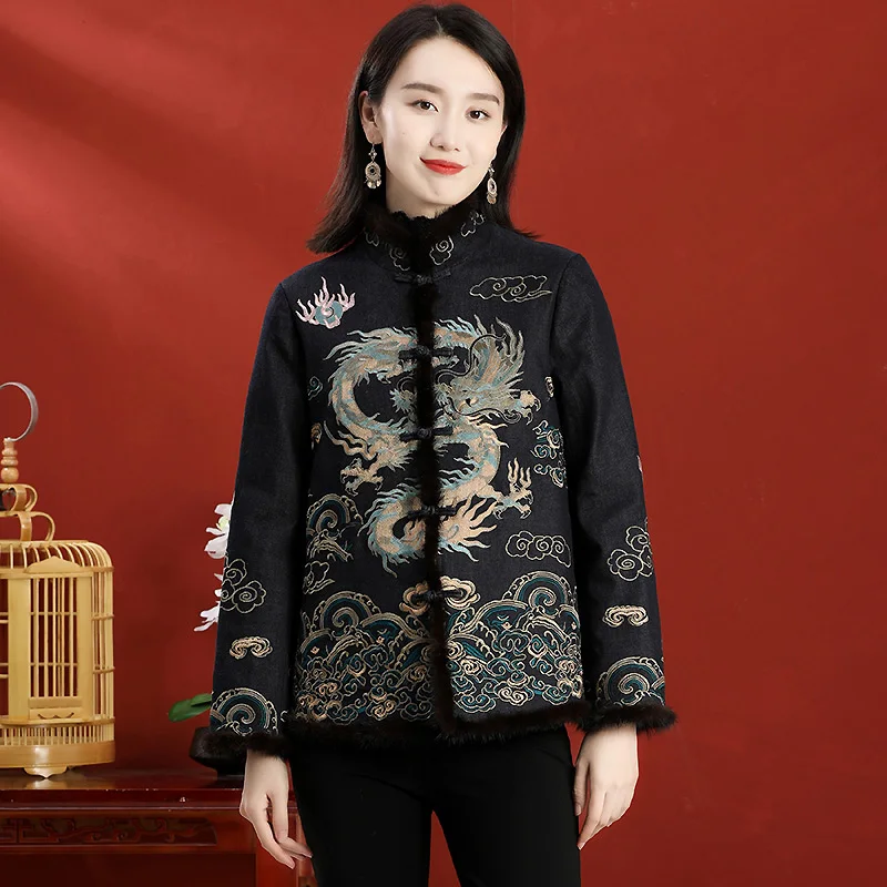 Chinese Style Cotton Jacket Women\'s Short Wool Embroidery Spliced Mink Fur Stand Collar Single-Breasted Lady Jacket M-3XL