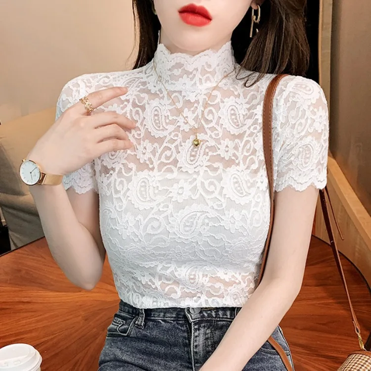 Summer Short Sleeve High Neck Top Blouse Women Fashion Chic Sheer Blusa Mujer Floral Slim Sexy White Wedding Prairie Chic Camisa