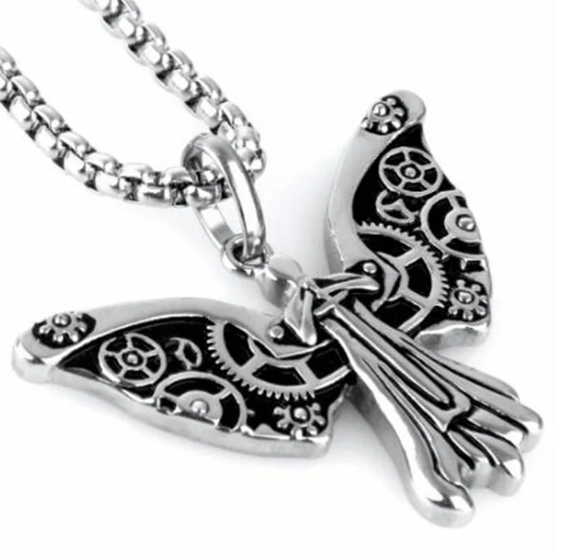 Fashion Personality Punk Angel Gear Pattern Wing Pendant Necklace for Men Trend Rock Hip Hop Jewelry