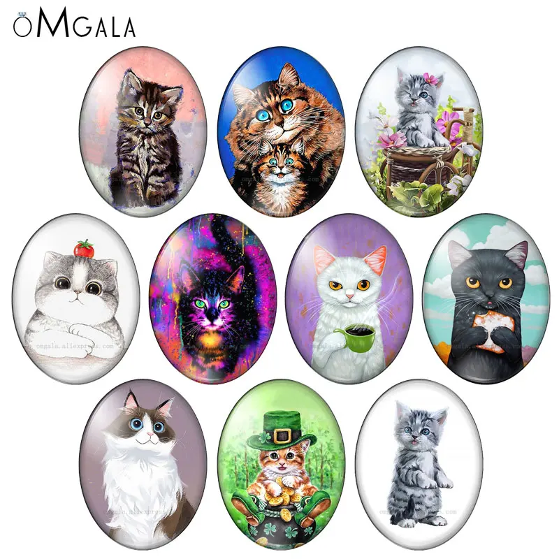 

New Cute Cats Lovely Pet Siamese cat 10pcs mixed 13x18mm/18x25mm/30x40mm Oval photo glass cabochon flat back Making findings