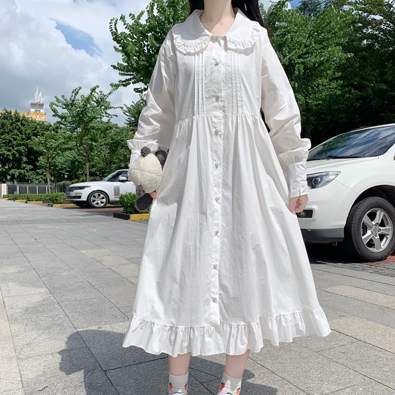 Dress 2020 Autumn Japanese Sweet lolita dess Doll Collar Long Sleeves High Waist All-Matching Ruffled Swing Female White Dress