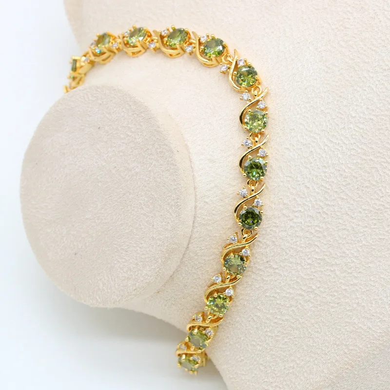 Luxury Green Peridot Gold Color Bridal Jewelry Set for Women Bracelet Earrings Necklace Pendant Ring Birthday Gift