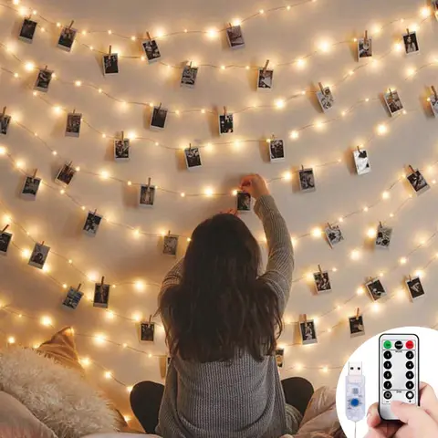 USB 원격 제어 사진 클립 스트링 라이트 5m/10m, 크리스마스 화환 클로우핀스, 침실용 장식 조명